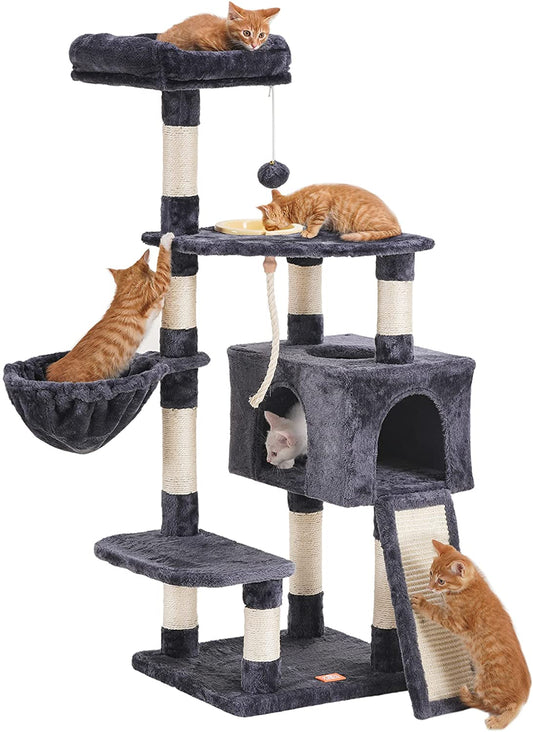 Cat Tree, Cat Tower for Indoor Cats with Scratching Board, Multi-Level Cat Furniture Condo with Feeding Bowl Smoky Gray HCT010G